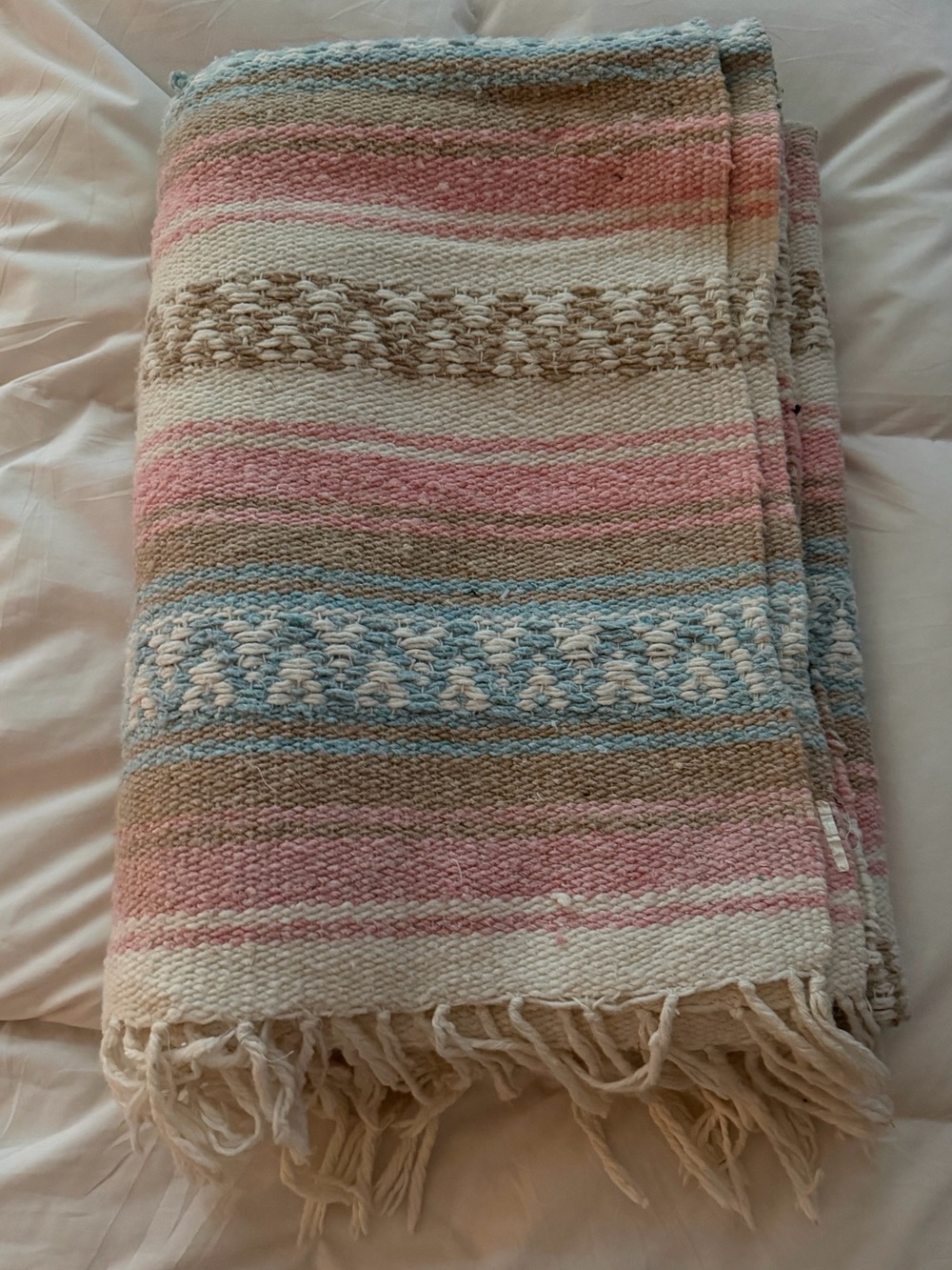 Vintage 100% Cotton Mexican Striped Blanket ~ pink, turquoise, tan, cream